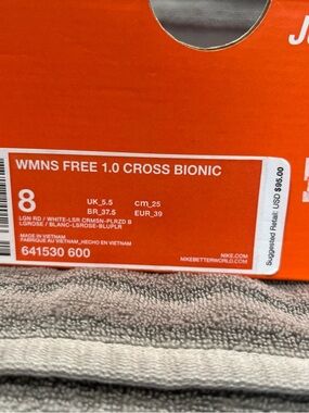 Nike Orange and White WMNS Free 1.0 Cross Bionic Box Label